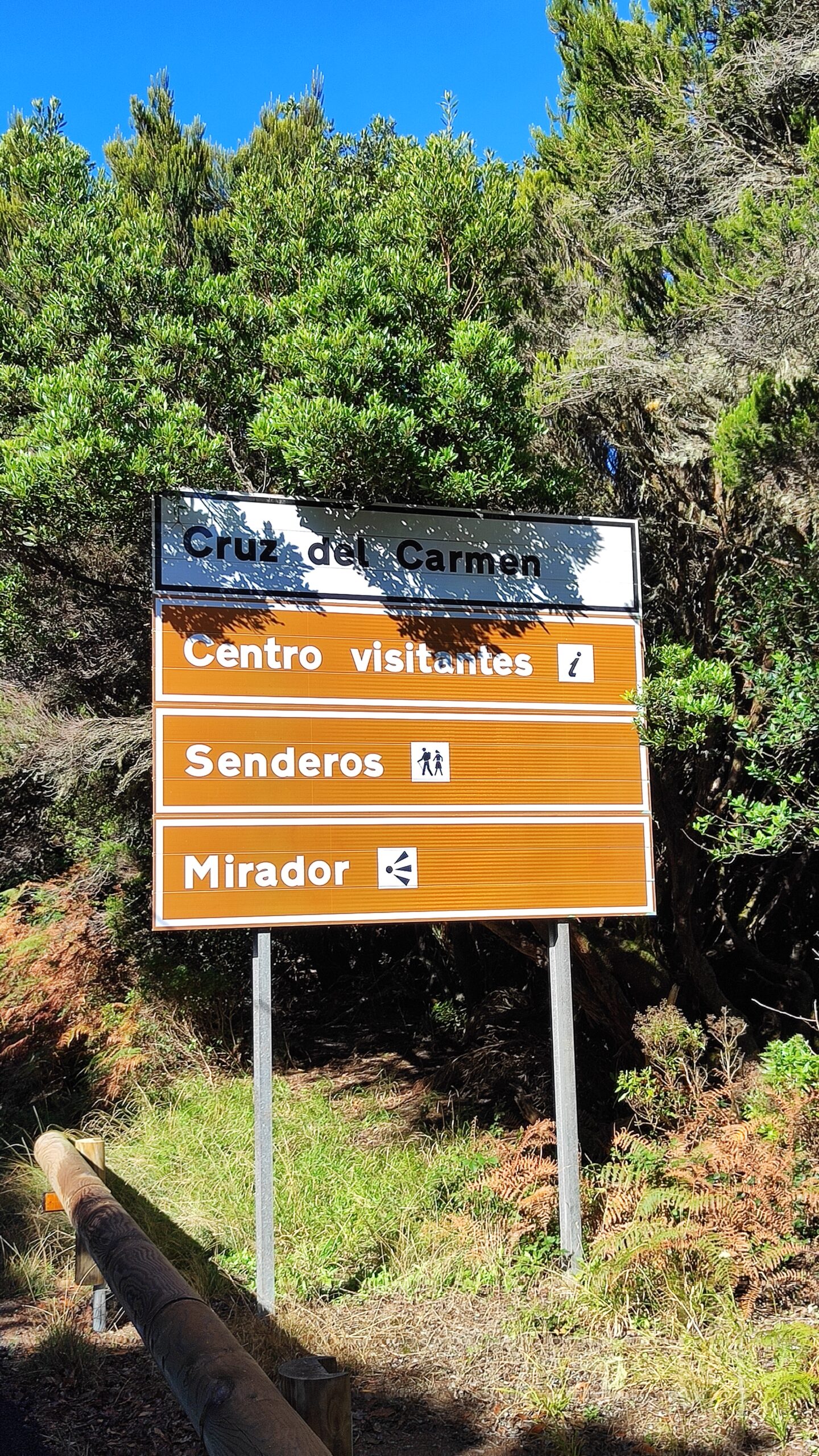 A wayfinding sign at Anaga Rural Park directs visitors to the visitor center, hiking trails (senderos), and viewpoint (mirador) amid the park's lush vegetation.