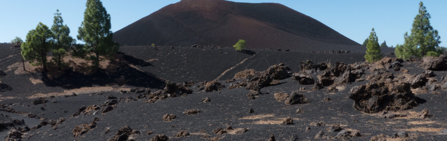 Dark volcanic cone rising above a black lava field scattered with jagged rocks, surrounded by pine trees under clear blue sky