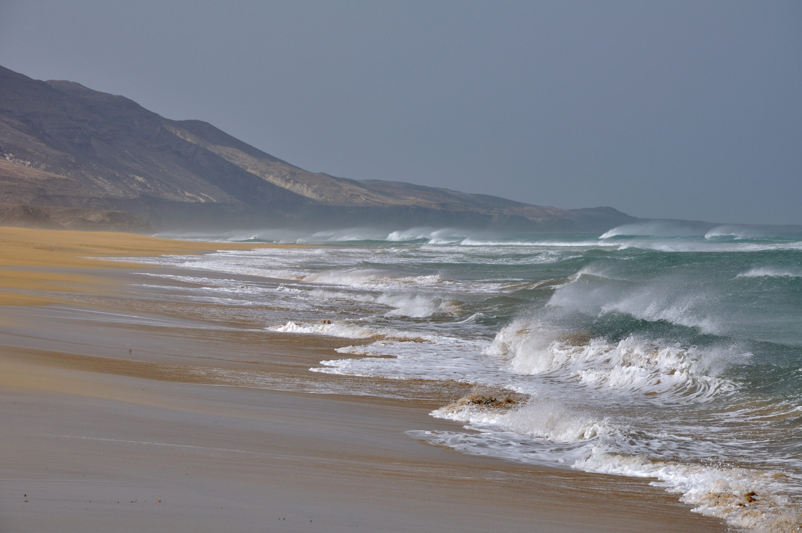 Cofete Beach stretches beneath dramatic volcanic cliffs, with powerful Atlantic swells rolling onto its pristine golden sand.