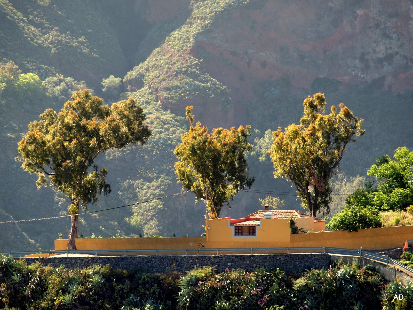 A distinctive yellow building overlooks the lush valley near Cruz de Tejeda.
