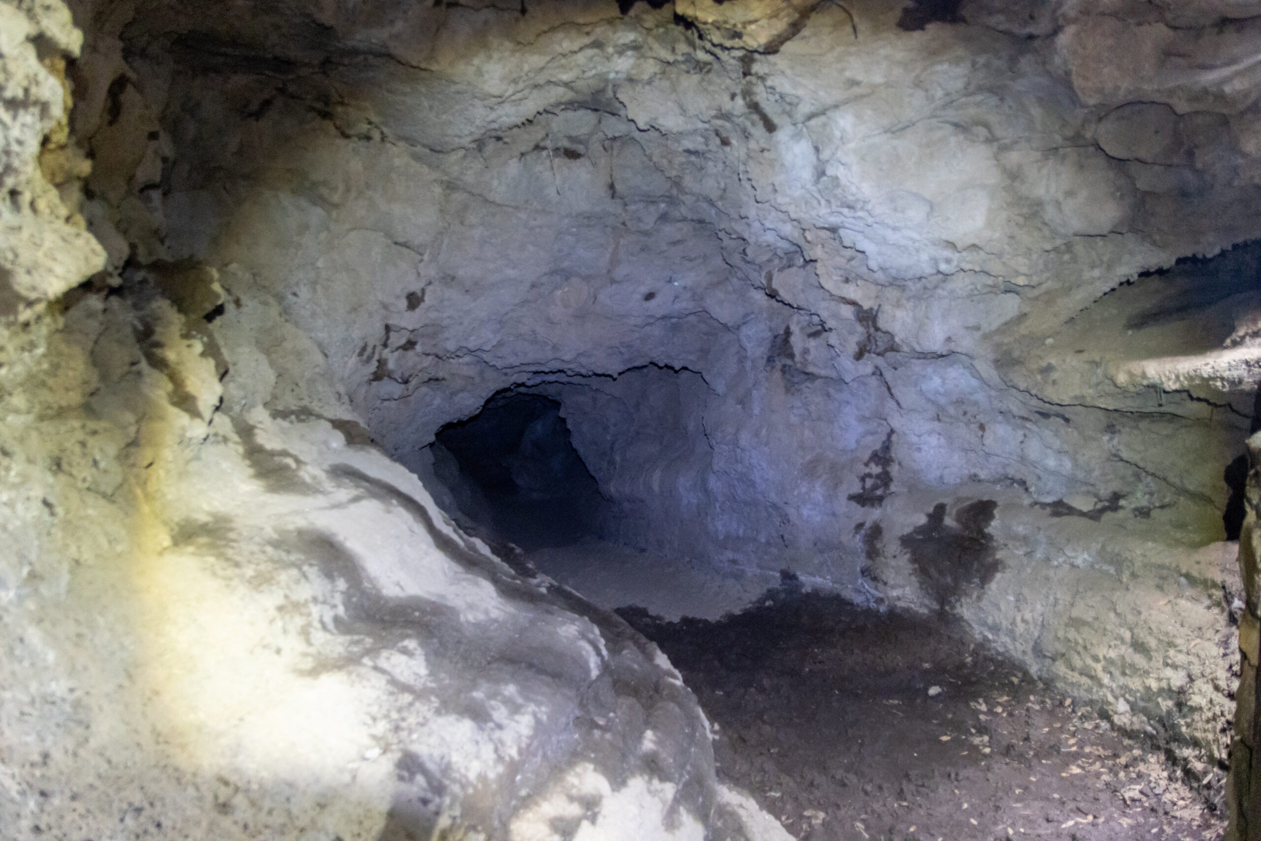 Interior of a volcanic lava tube with pale stone walls, dark shadowed passages, and mineral deposits visible on the ceiling and walls.