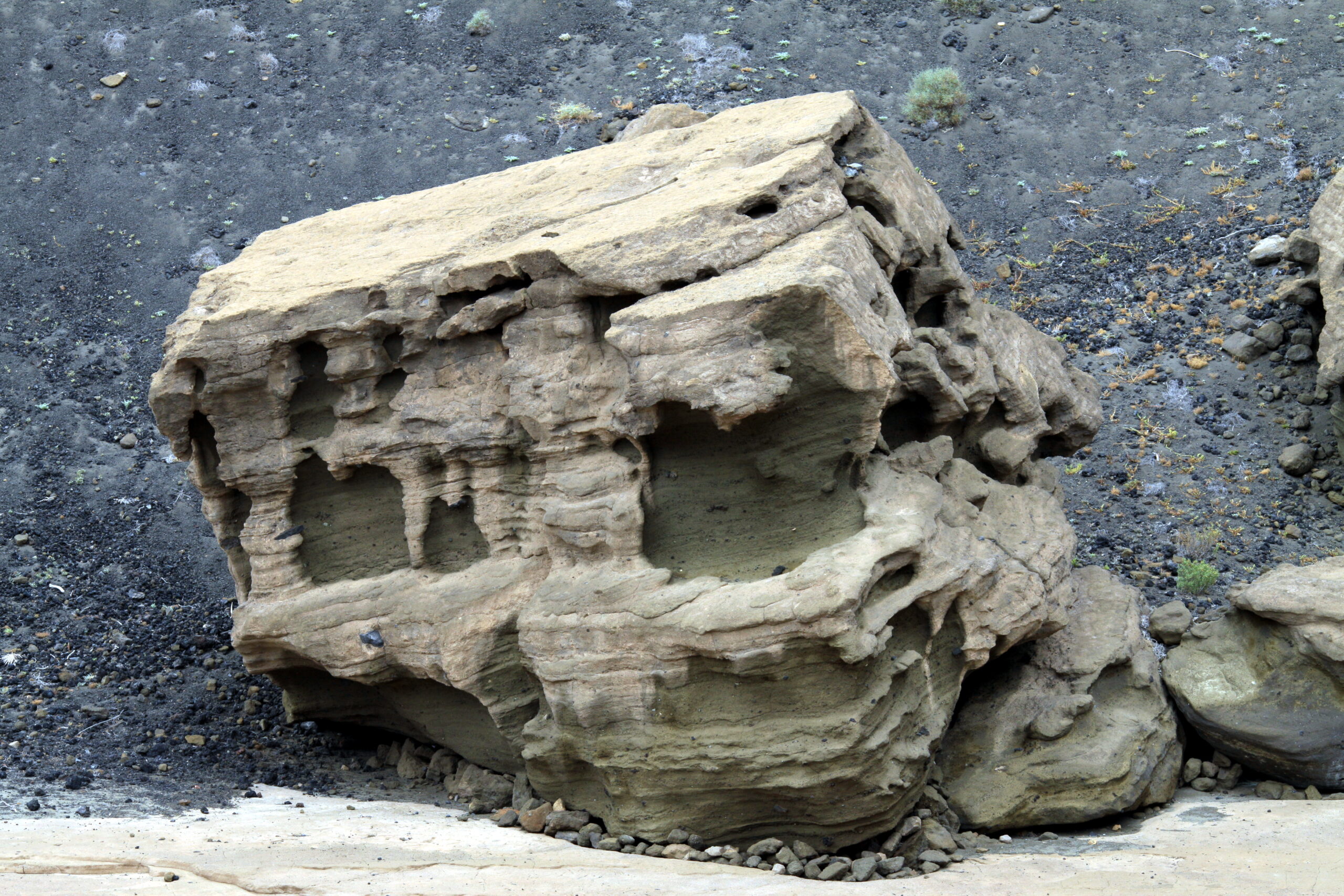 Distinctive eroded rock formation at El Golfo, shaped by volcanic and coastal weathering processes.