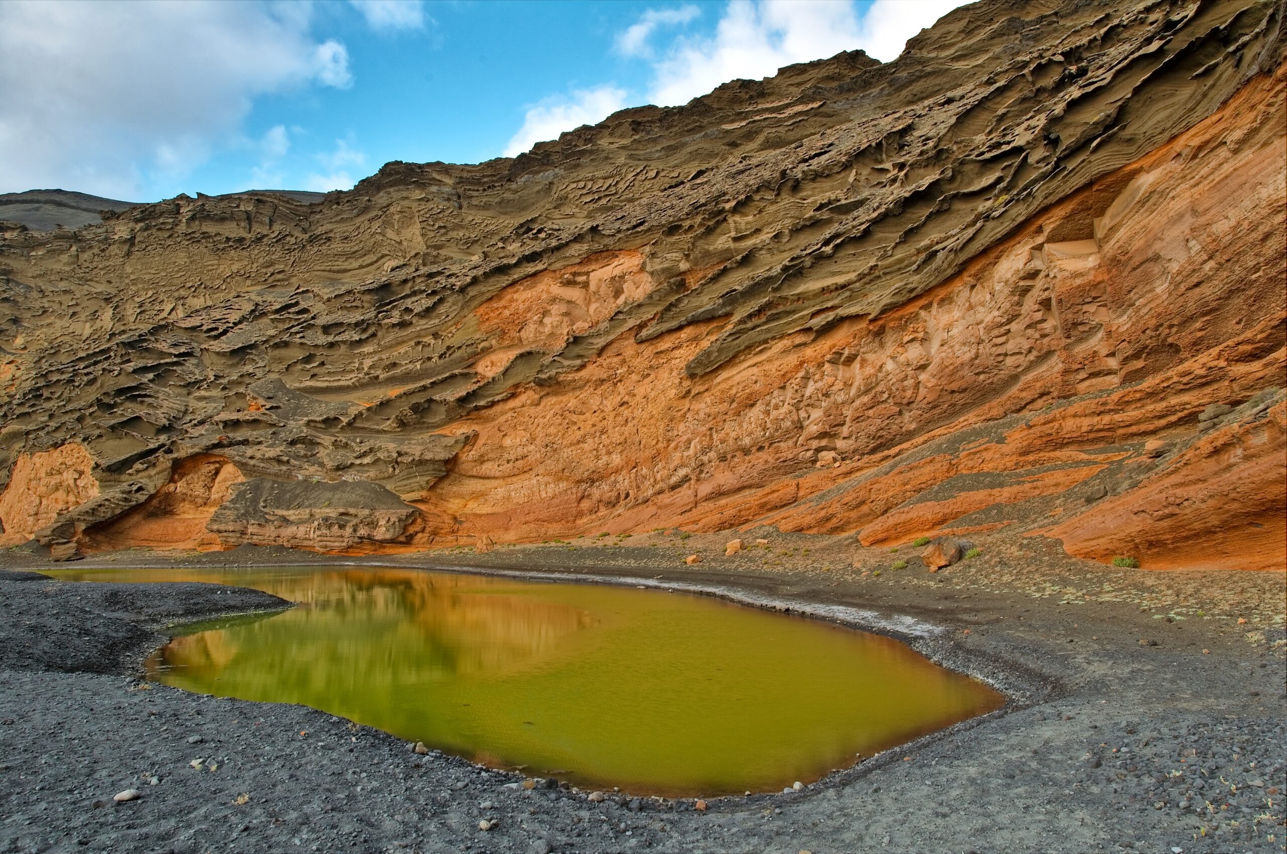 The striking yellow-green waters of Charco de los Clicos, formed in a volcanic crater and colored by mineral deposits and algae.