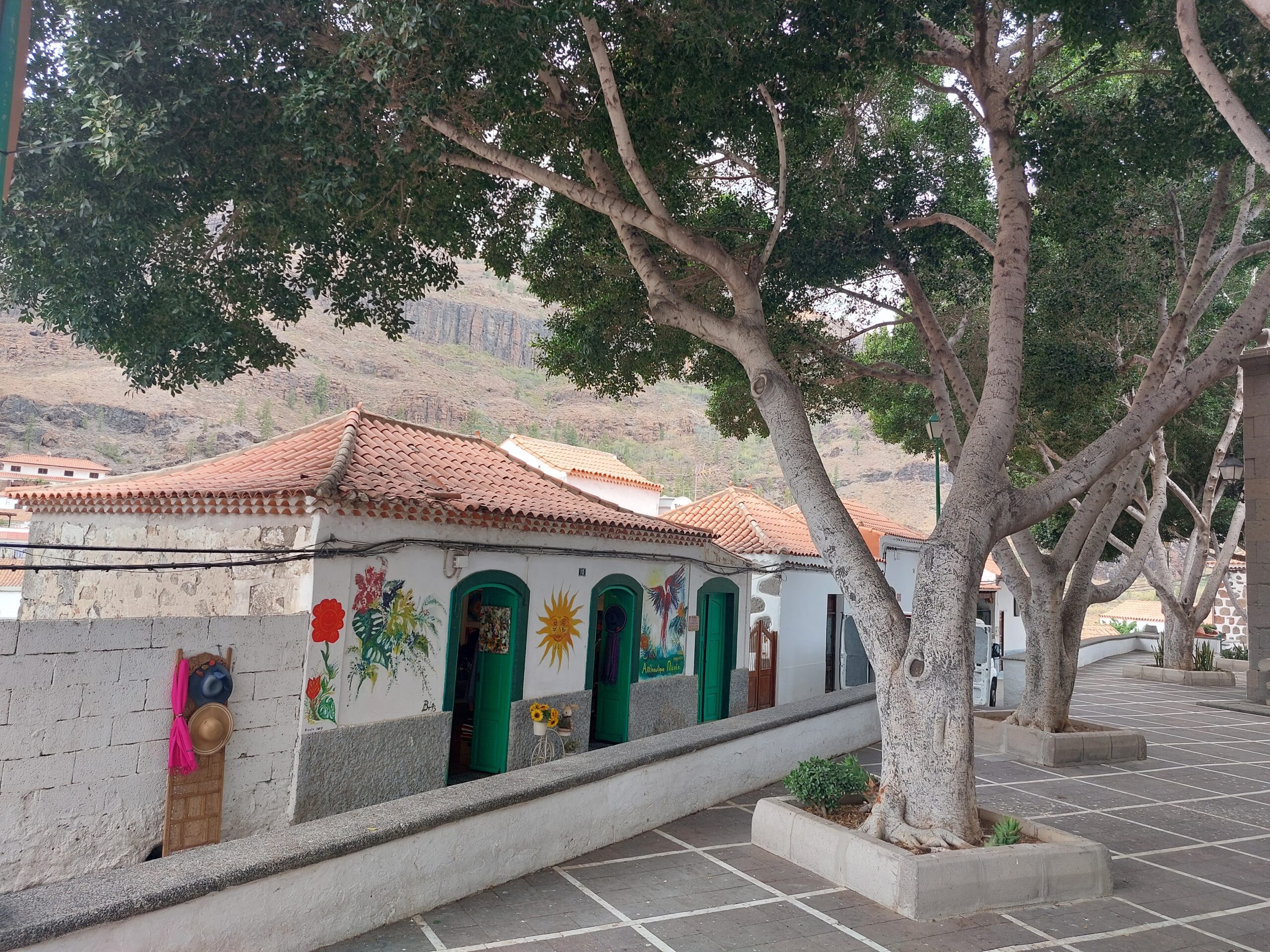 Traditional whitewashed architecture with folk art decorations in the historic village of Fataga.
