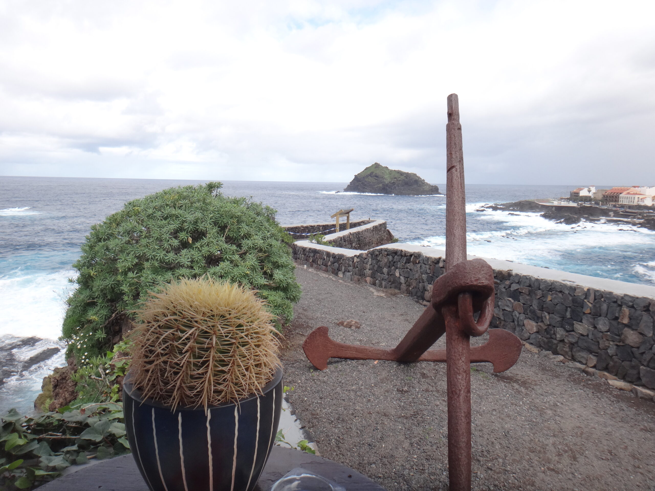 Rusted anchor and potted barrel cactus on a stone terrace overlooking rocky coastline with crashing waves