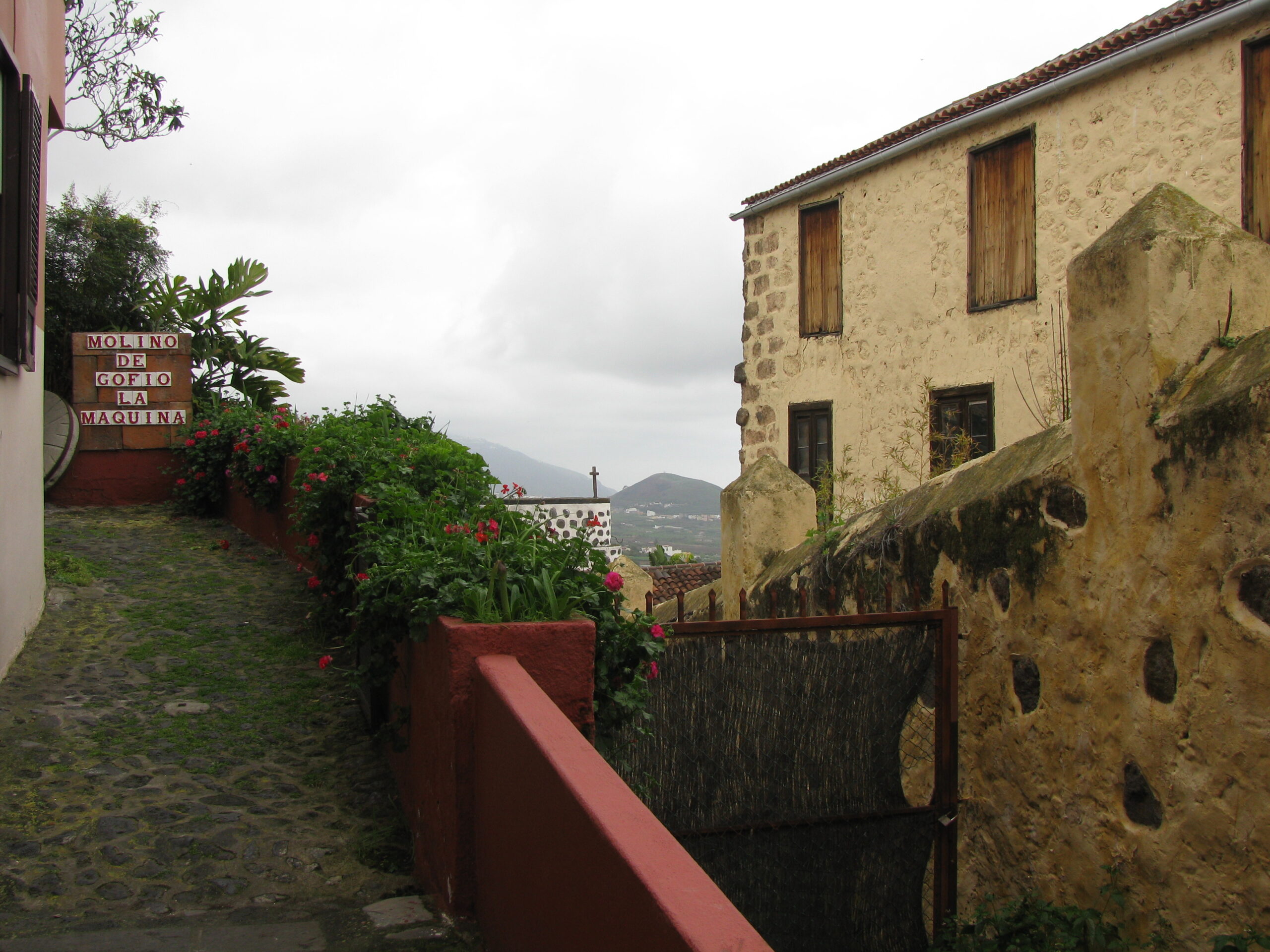 A traditional village street lined with historic stone buildings and traditional architecture typical of Canary Islands settlements.
