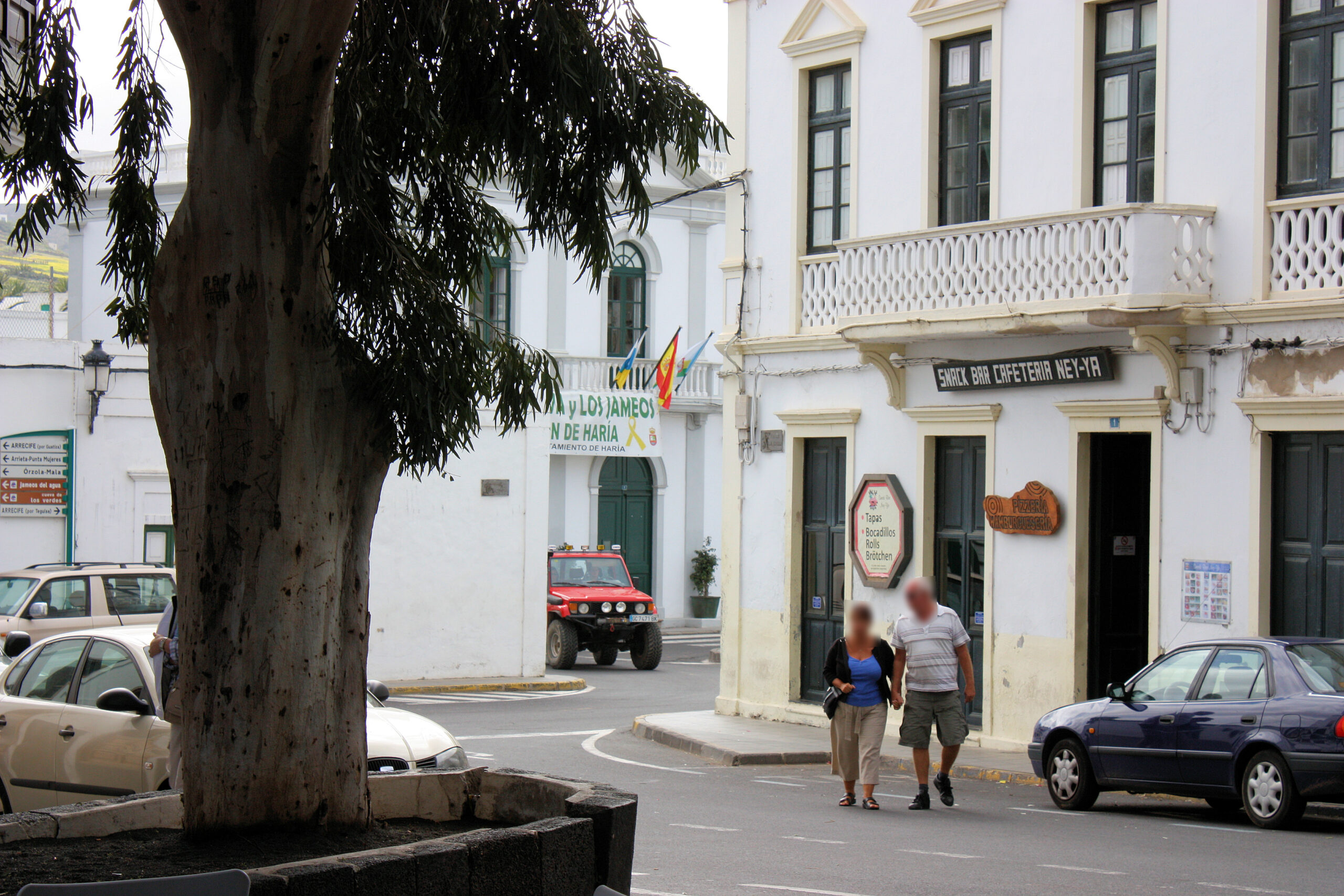 Haría's charming main street features traditional whitewashed buildings beneath a magnificent shade tree, creating a shaded plaza at the heart of the village.