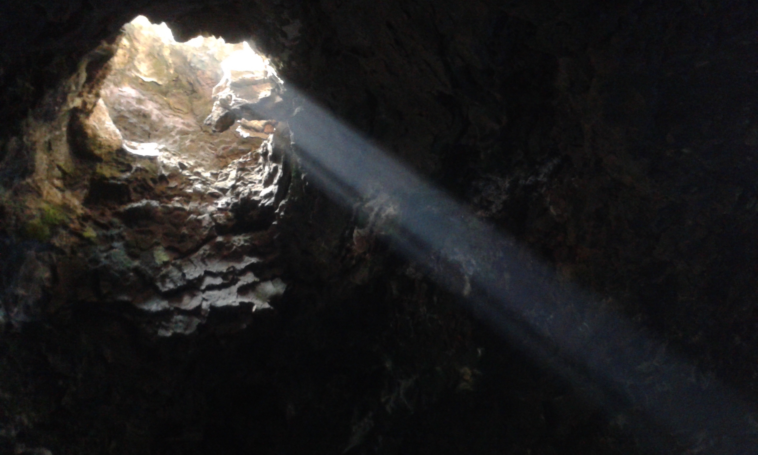 Natural light penetrates deep into the volcanic cave system, revealing the dramatic geology that makes Jameos del Agua a striking underground attraction.