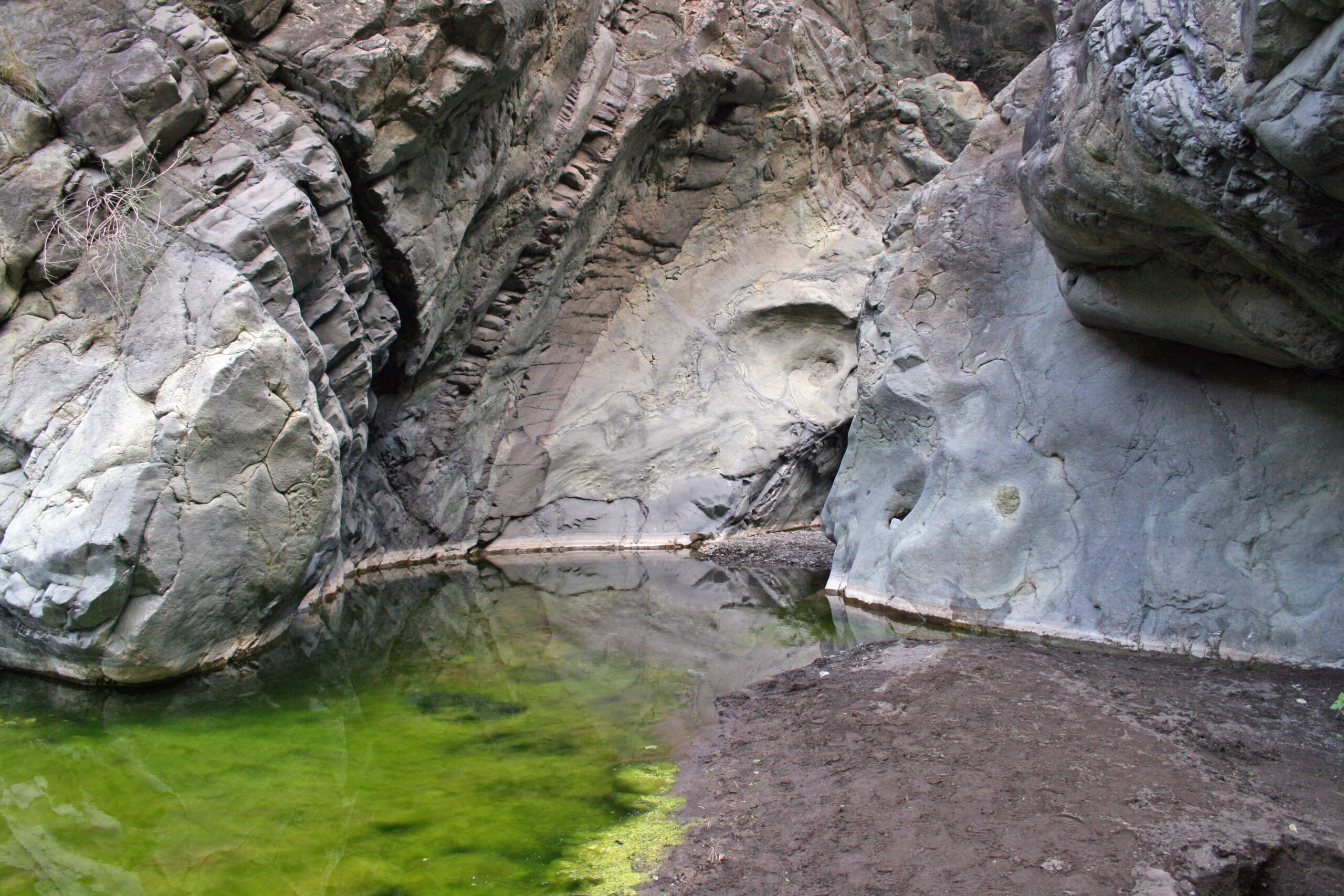 A dramatic volcanic ravine within Caldera de Taburiente, where layered rock formations and clear mineral-tinted water reveal the geological character of La Palma's interior.