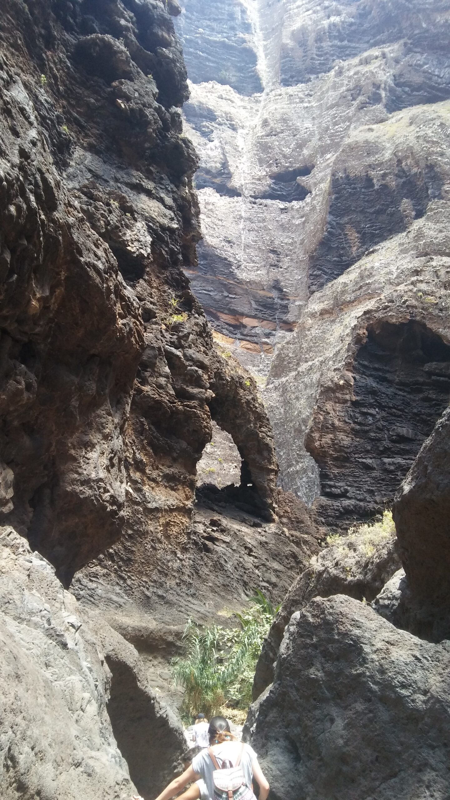 The dramatic narrow gorge of Masca Valley, with towering rock formations channeling a small watercourse through the ravine.