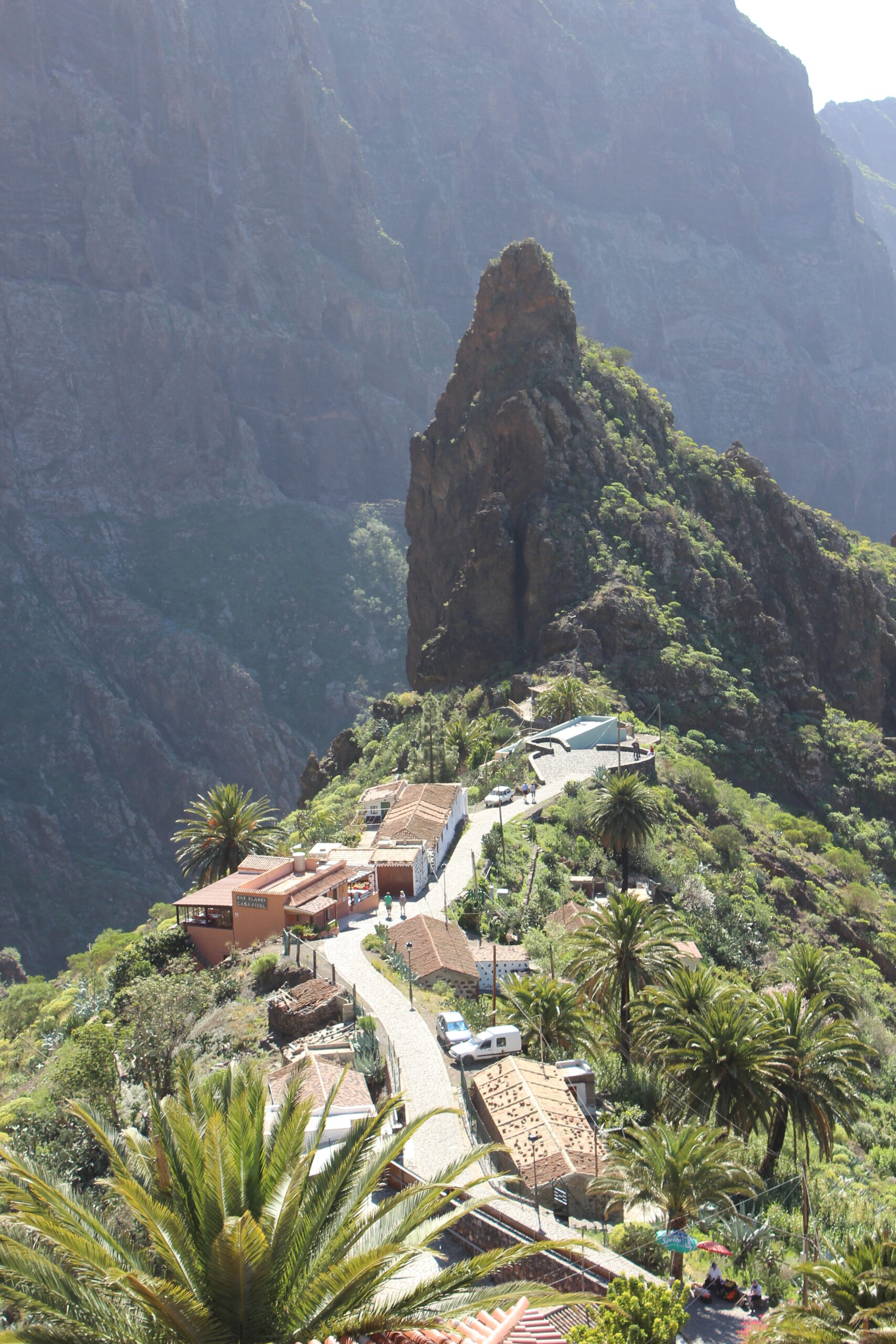 Masca village clings to the mountainside within a striking barranco, with its distinctive rock formation towering above the settlement.