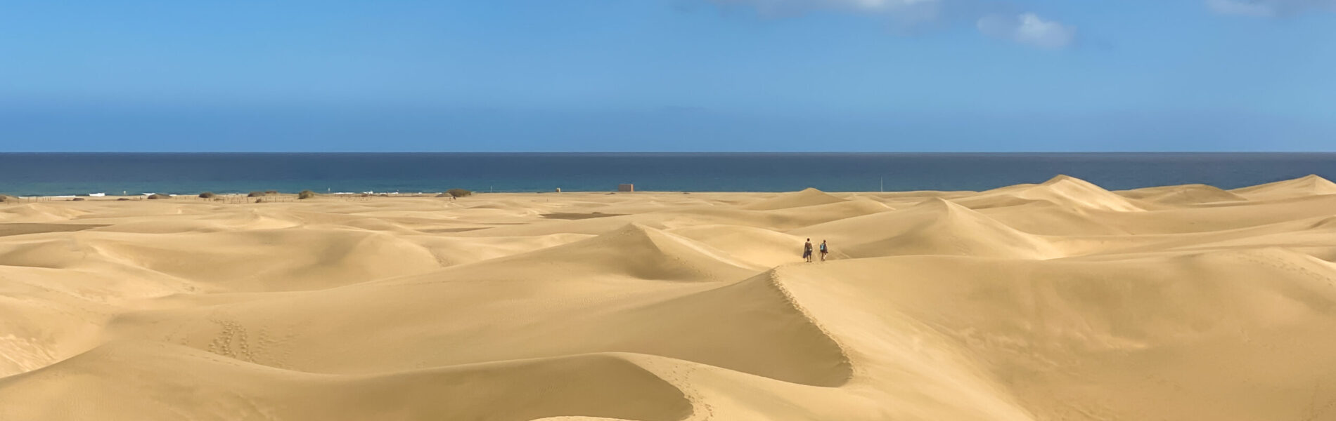 Aerial view of Maspalomas dunes meeting the Atlantic coastline.
