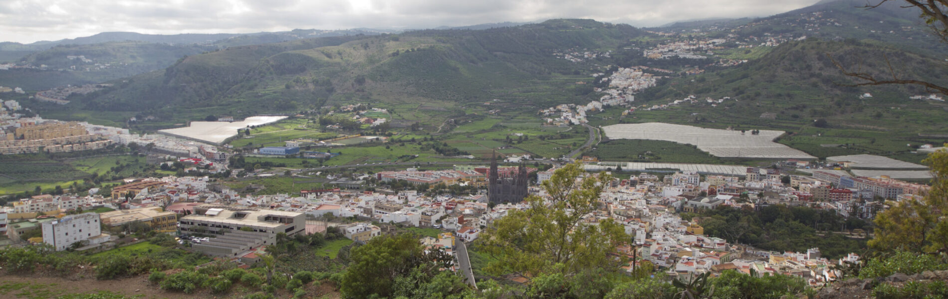 Panoramic view of Arucas town in a volcanic valley with cathedral spire and green hillsides.