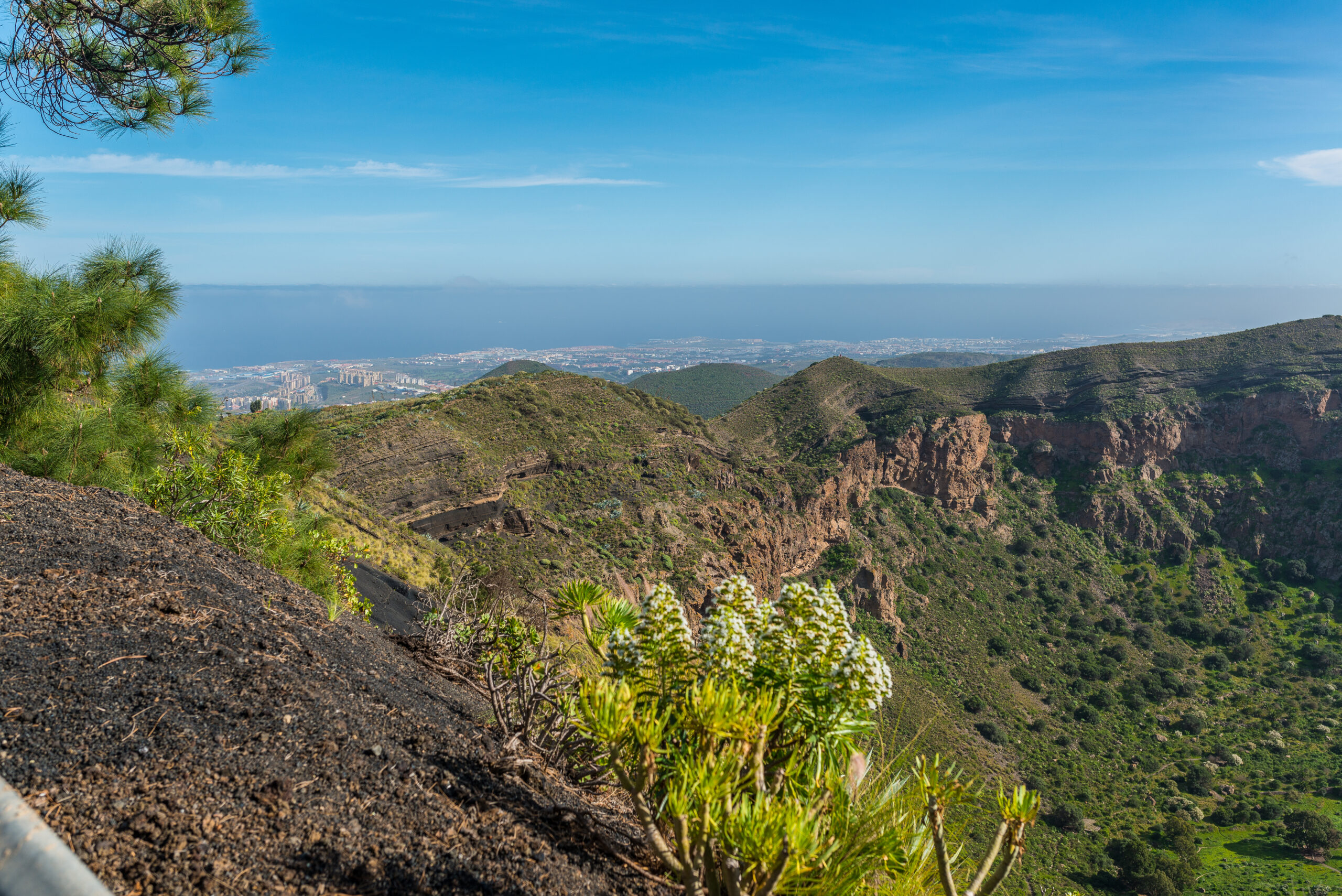 The dramatic volcanic crater and verdant slopes of Pico de Bandama overlook the Gran Canaria coast, with views extending across the island's developed lowlands to the sea.