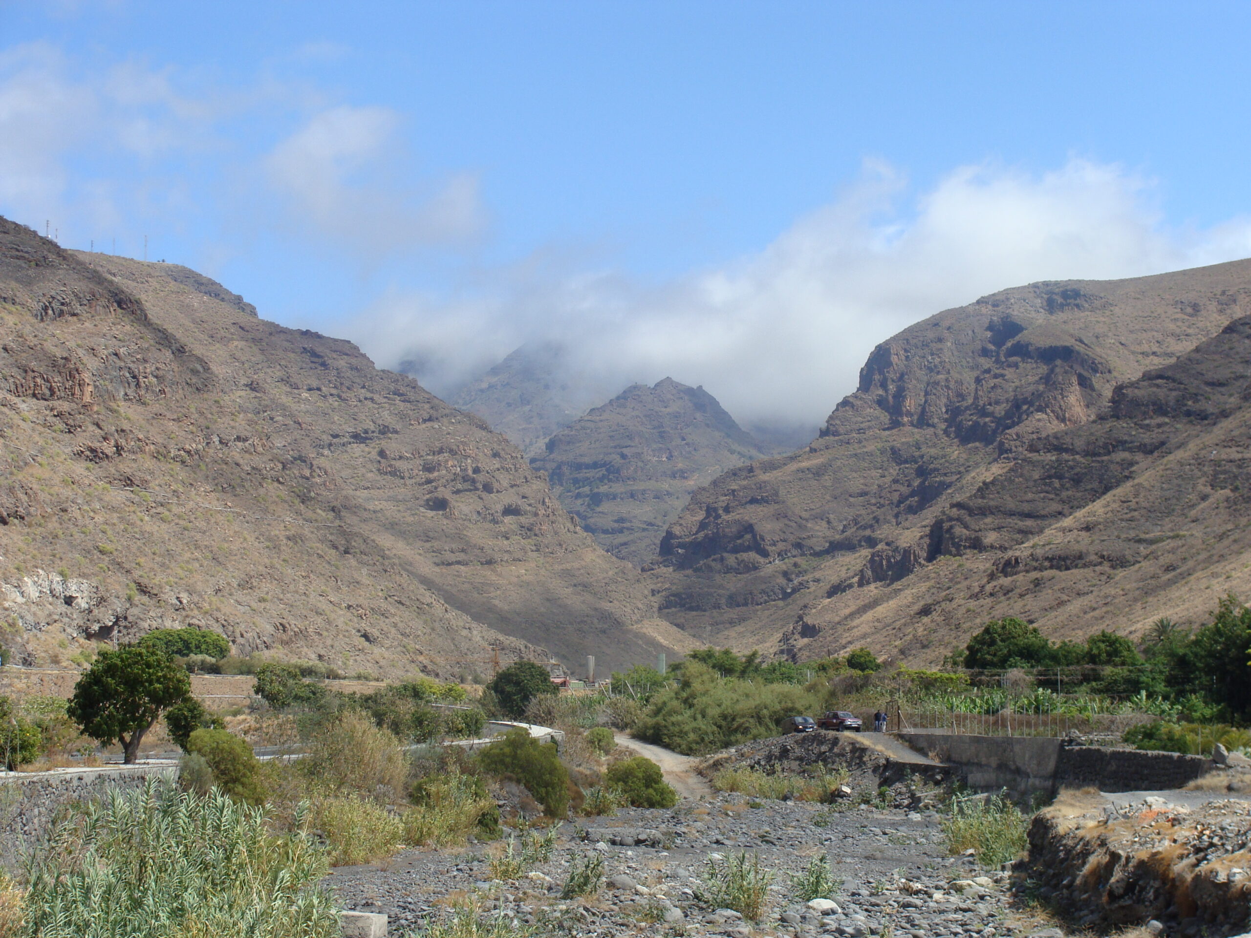 The dramatic volcanic landscape surrounding Playa de Santiago, with terraced hillsides and sparse vegetation typical of La Gomera's interior valleys.