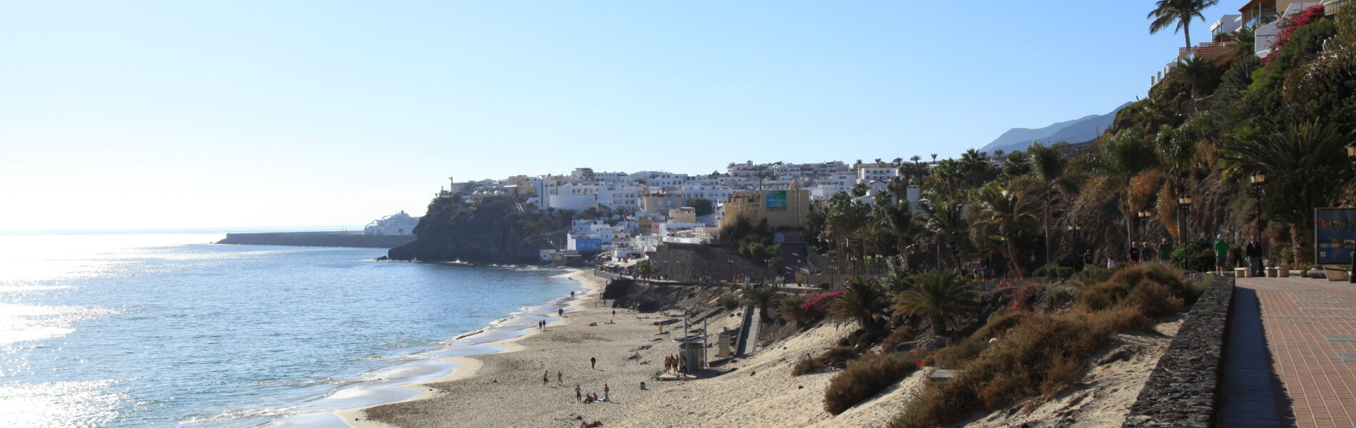 Sandy beach with scattered swimmers, rocky cliff-side town with white and colored buildings, palm trees, and calm blue Atlantic water under clear sky.