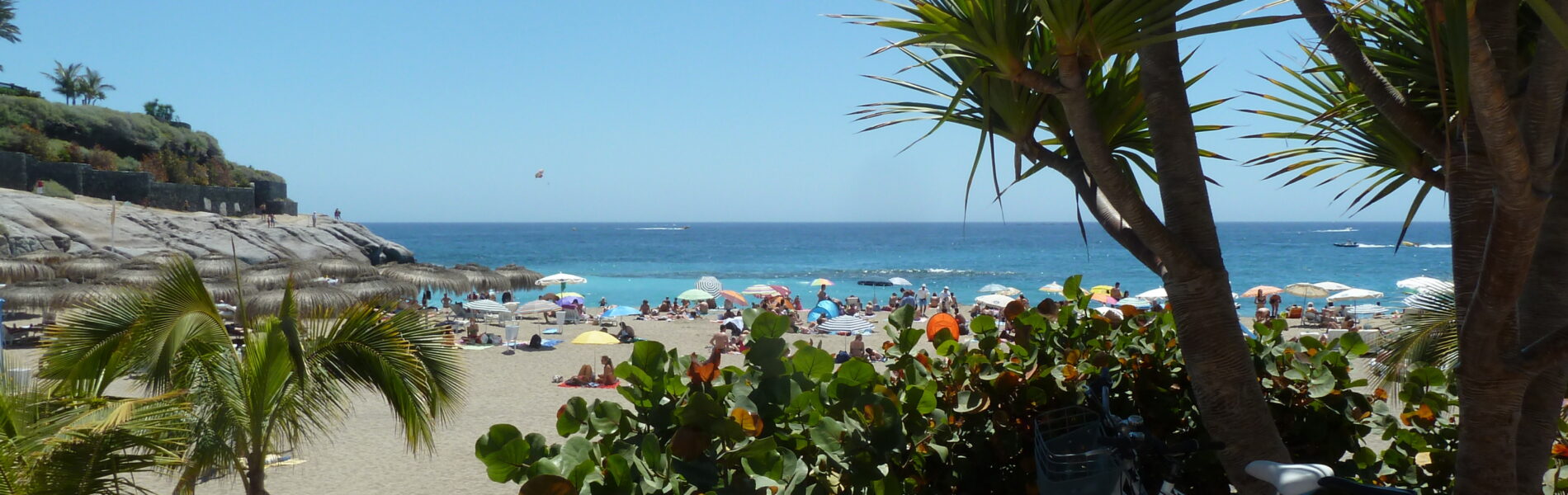 Sandy beach with sunbathers and colorful umbrellas, framed by palm trees and coastal vegetation in foreground, with clear turquoise water and rocky cliffs beyond.