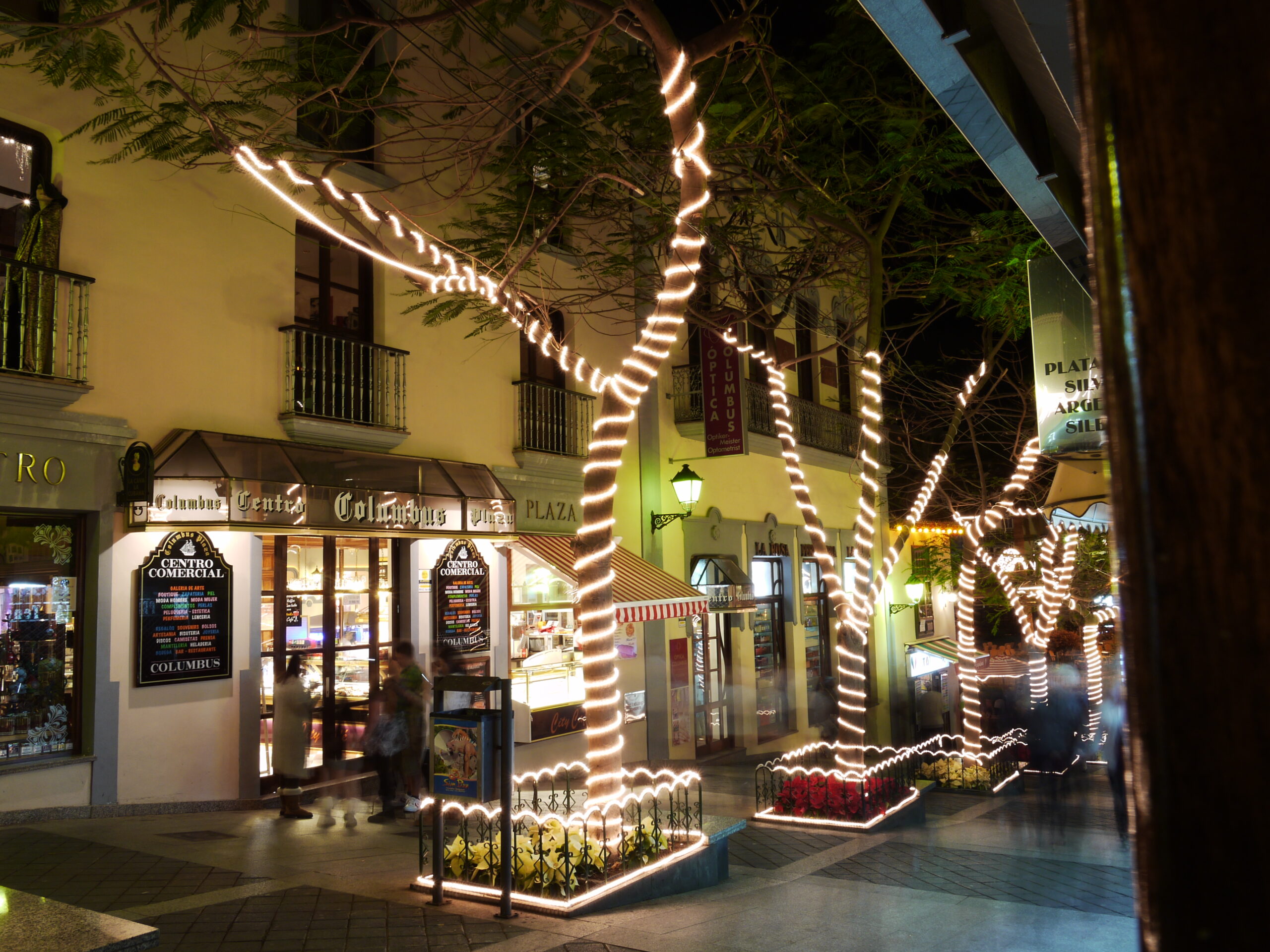 The charming old town plaza in Puerto de la Cruz features festive illuminated trees and beautifully preserved colonial architecture surrounding the pedestrian shopping area.