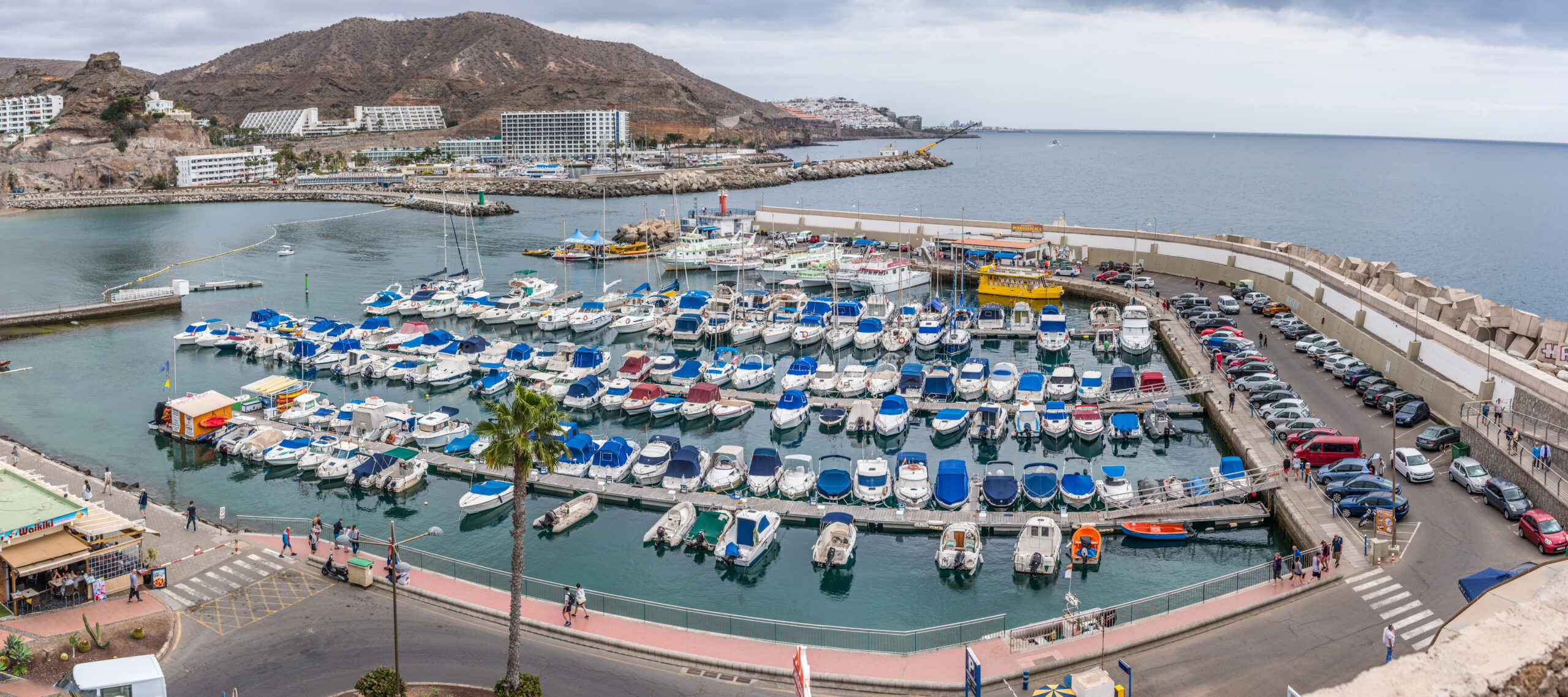 The busy harbor at Puerto Rico is filled with traditional fishing boats and pleasure craft, with the distinctive volcanic backdrop and beachfront hotels visible across the bay.