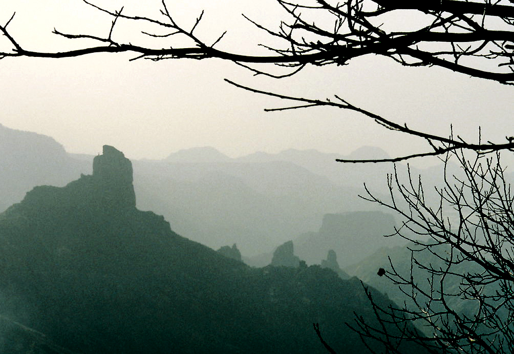 Roque Bentayga rises dramatically through morning mist, its distinctive silhouette visible across the Gran Canaria highlands.