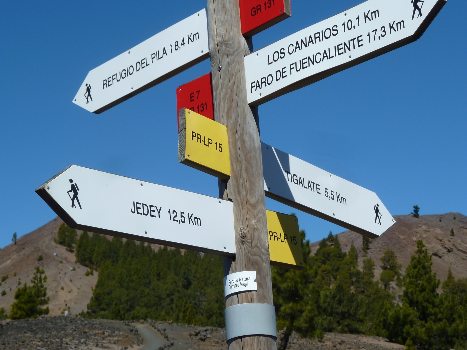 Trail marker post on the Ruta de los Volcanes showing directions to Refugio del Pila, Los Canarios, Faro de Fuencaliente, Jedey, and Tigalate with their respective distances.