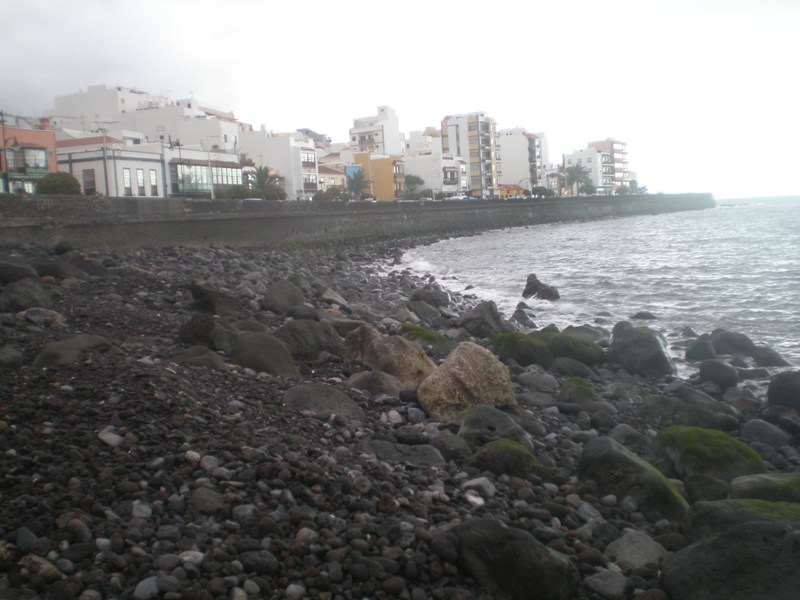 The distinctive volcanic rock shoreline of Santa Cruz Beach frames the coastal town of Santa Cruz de La Palma, with its characteristic mix of colorful buildings rising behind the natural stone breakwater.