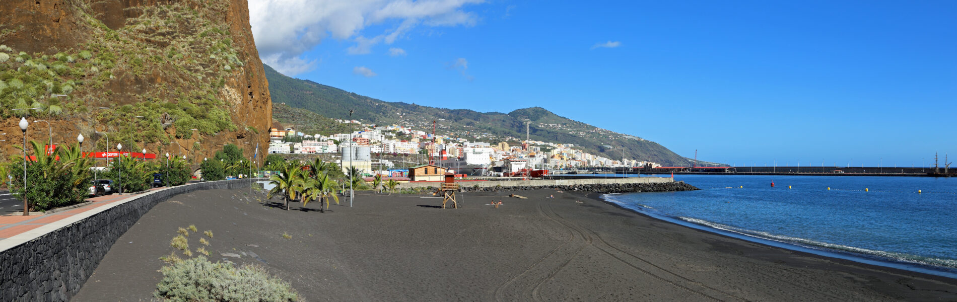 Black sand beach with promenade, red flowers, and palm trees backed by steep rocky cliff and hillside town under blue sky