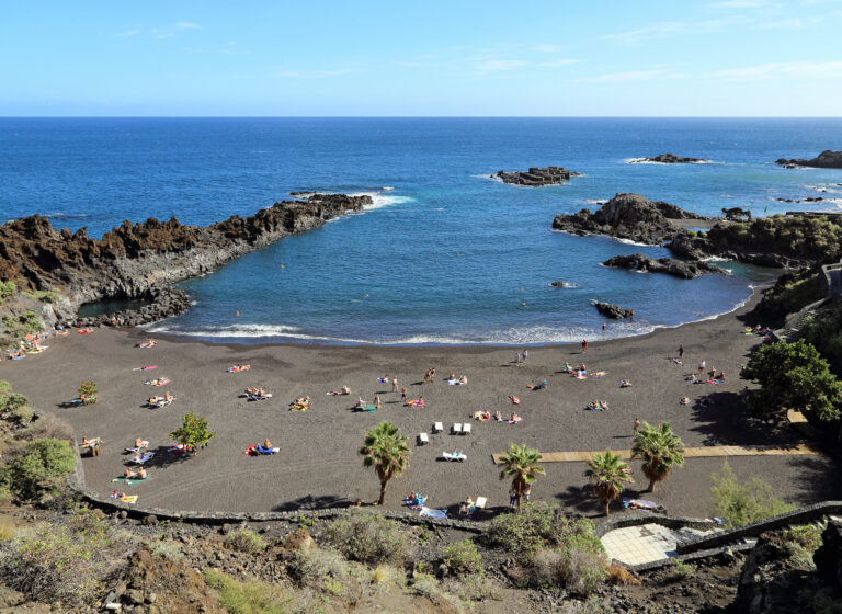 A sheltered black sand beach backed by volcanic rock formations, palm trees, and clear Atlantic waters.