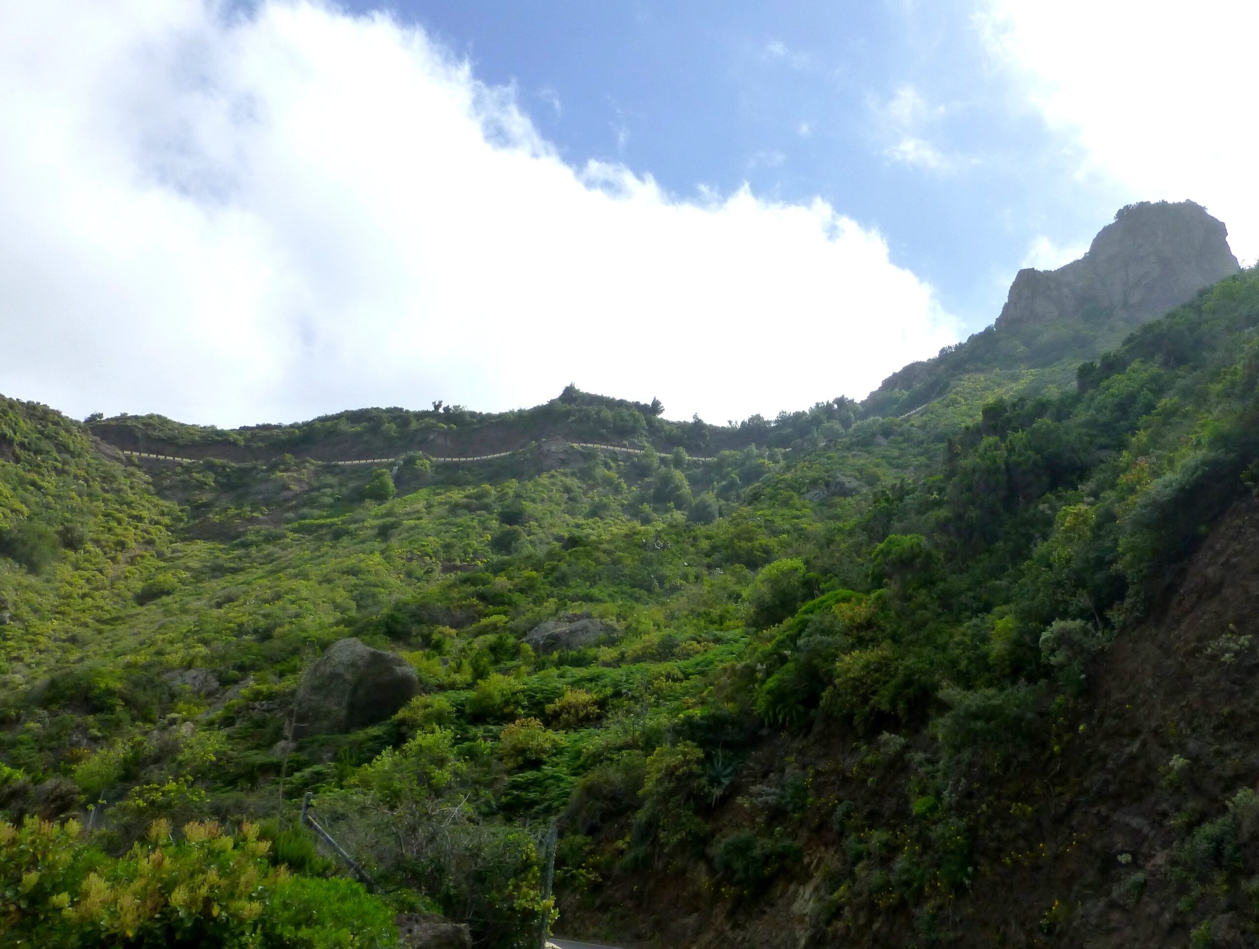 Lush green valley with dramatic rocky peaks and winding mountain roads beneath blue sky with white clouds