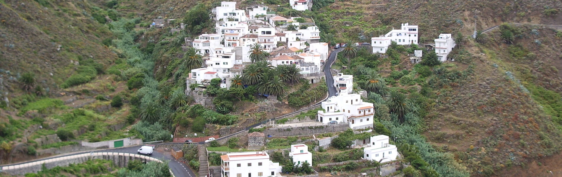 White-washed village nestled in a steep, forested mountain ravine with palm trees and a winding road below.