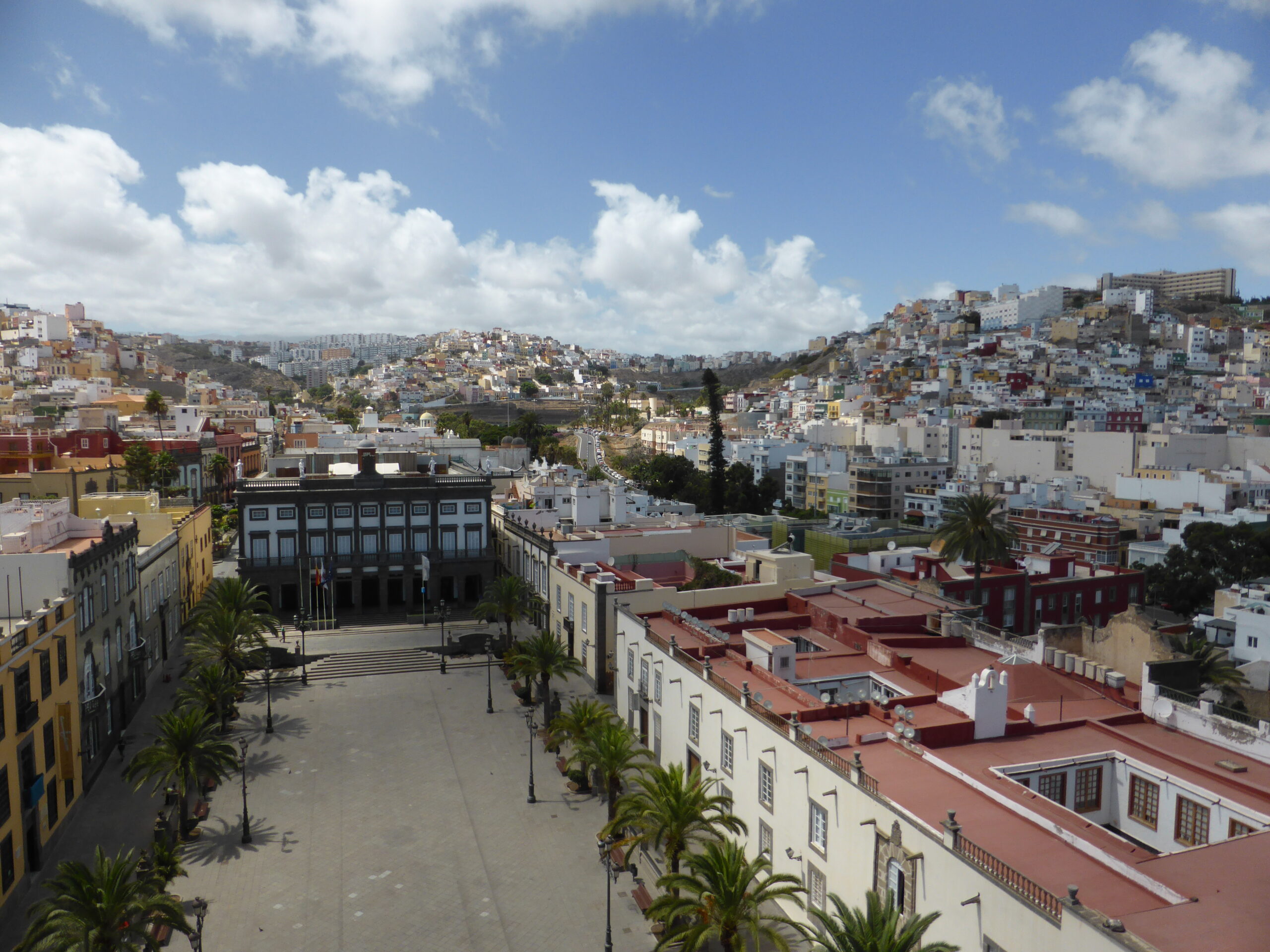 The heart of Vegueta, where colonial architecture frames the main plaza with views across Las Palmas’ layered hillside neighbourhoods.