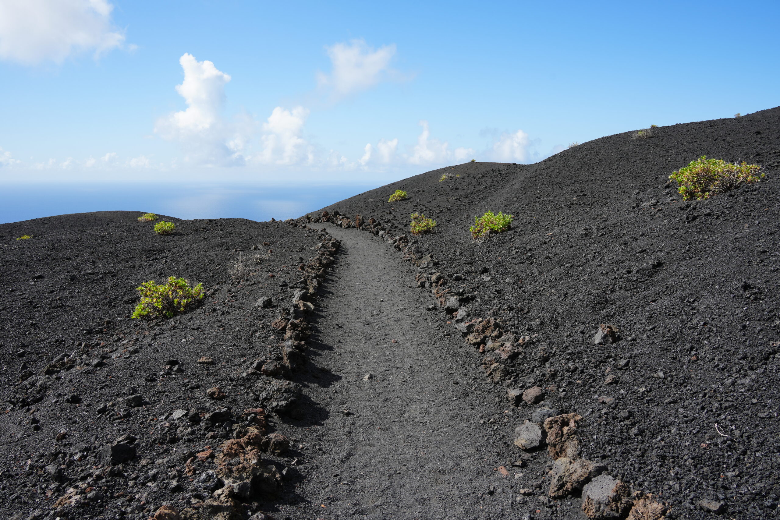 A hiking trail winds through the volcanic landscape of Volcán de Teneguía, where sparse vegetation colonizes the black lava fields beneath clear skies.